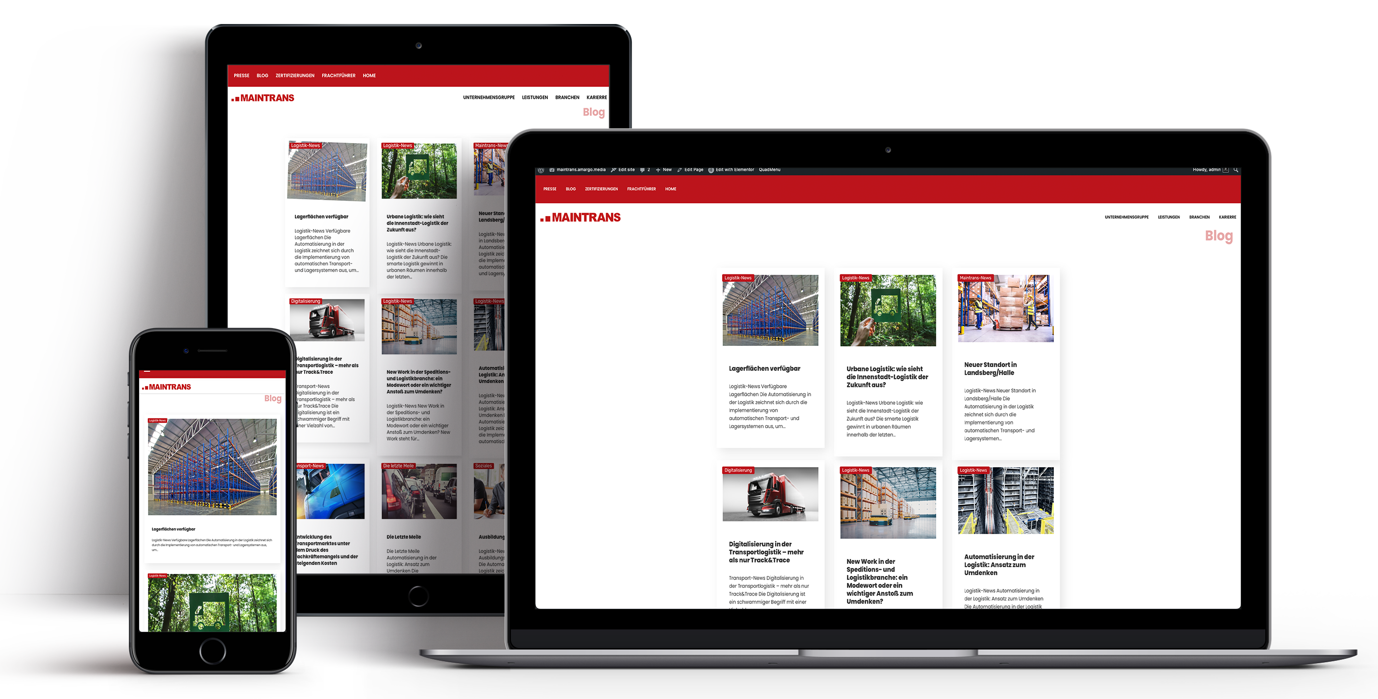 Die Bildschirme eines Handys, eines Tablets und eines Laptops zeigen die Startseite des Maintrans-Newsrooms an.