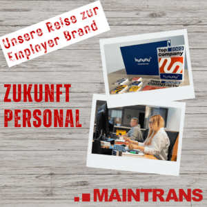 Beitragsbild zum Blogartikel "Zukunft Personal". Zu sehen ist das Kununu Top Company Siegel und Maintrans-Mitarbeiter im Büro bei der Arbeit am PC.